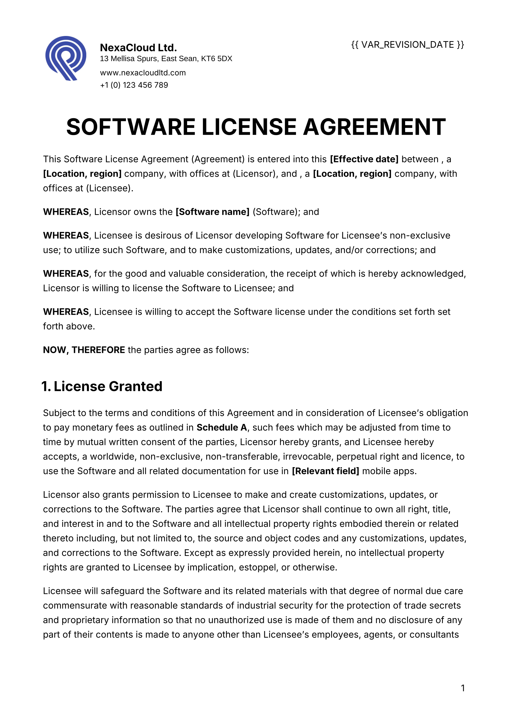 Software License Agreement (SLA) Template template screenshot