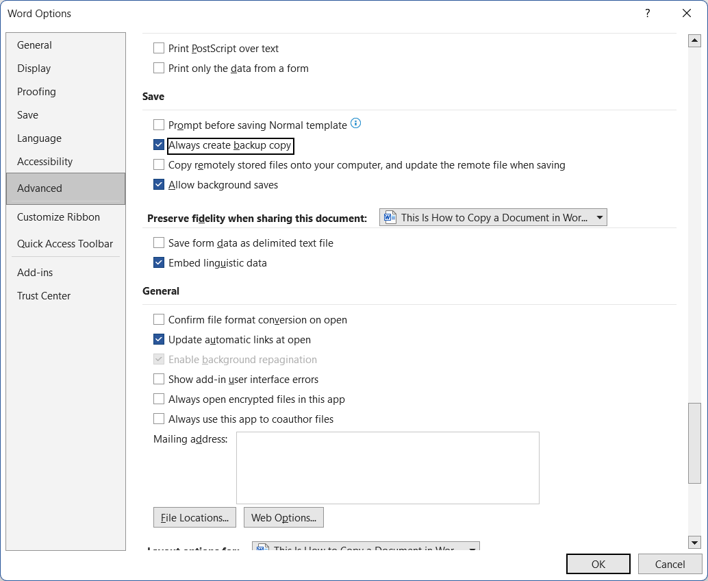 Automatic backup copy in Microsoft Word settings Automatic backup copy in Microsoft Word settings