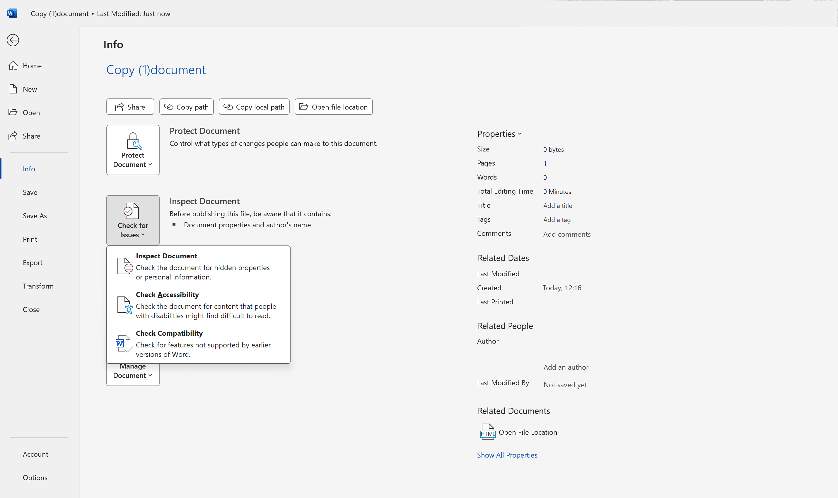Check for issues option in Microsoft Word in Windows Check for issues option in Microsoft Word in Windows