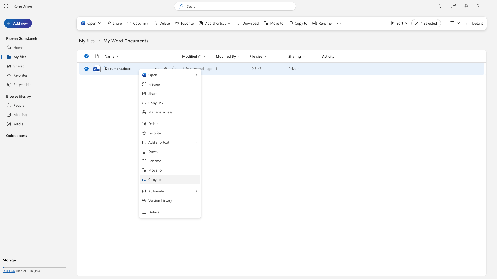 Copy option for Word document in OneDrive web interface Copy option for Word document in OneDrive web interface