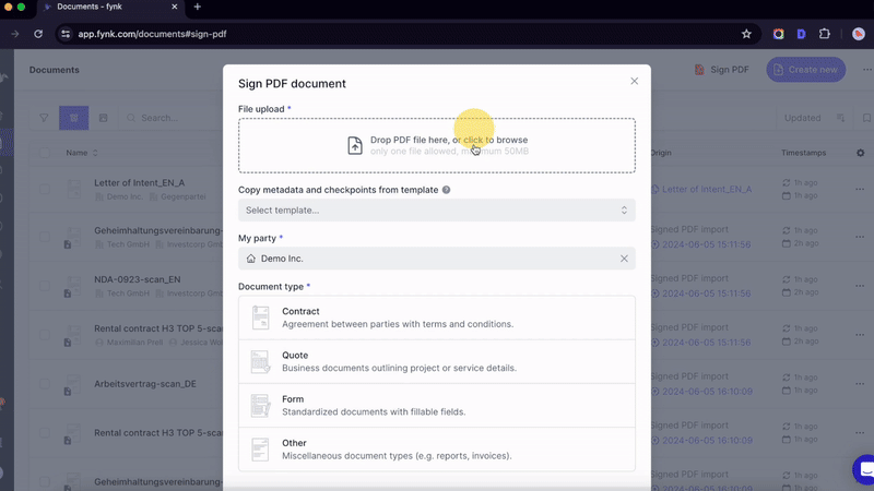 signing documents in fynk