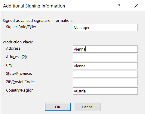 additional signing information in excel