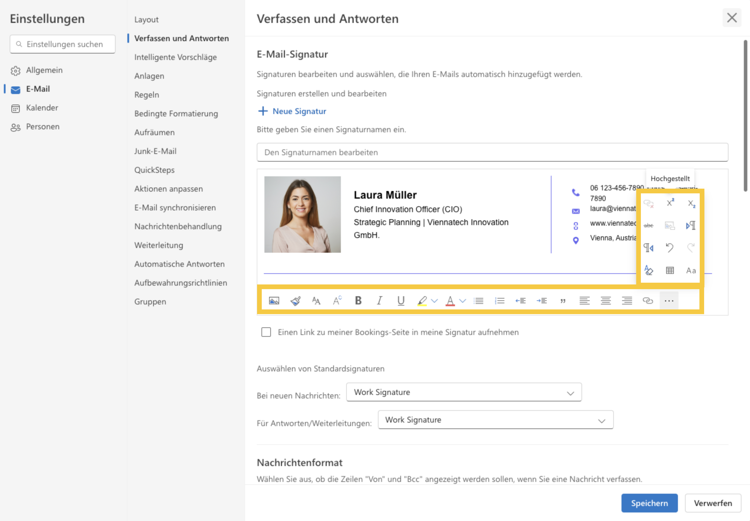 Bearbeitungsfunktionen in der Outlook-Signatur