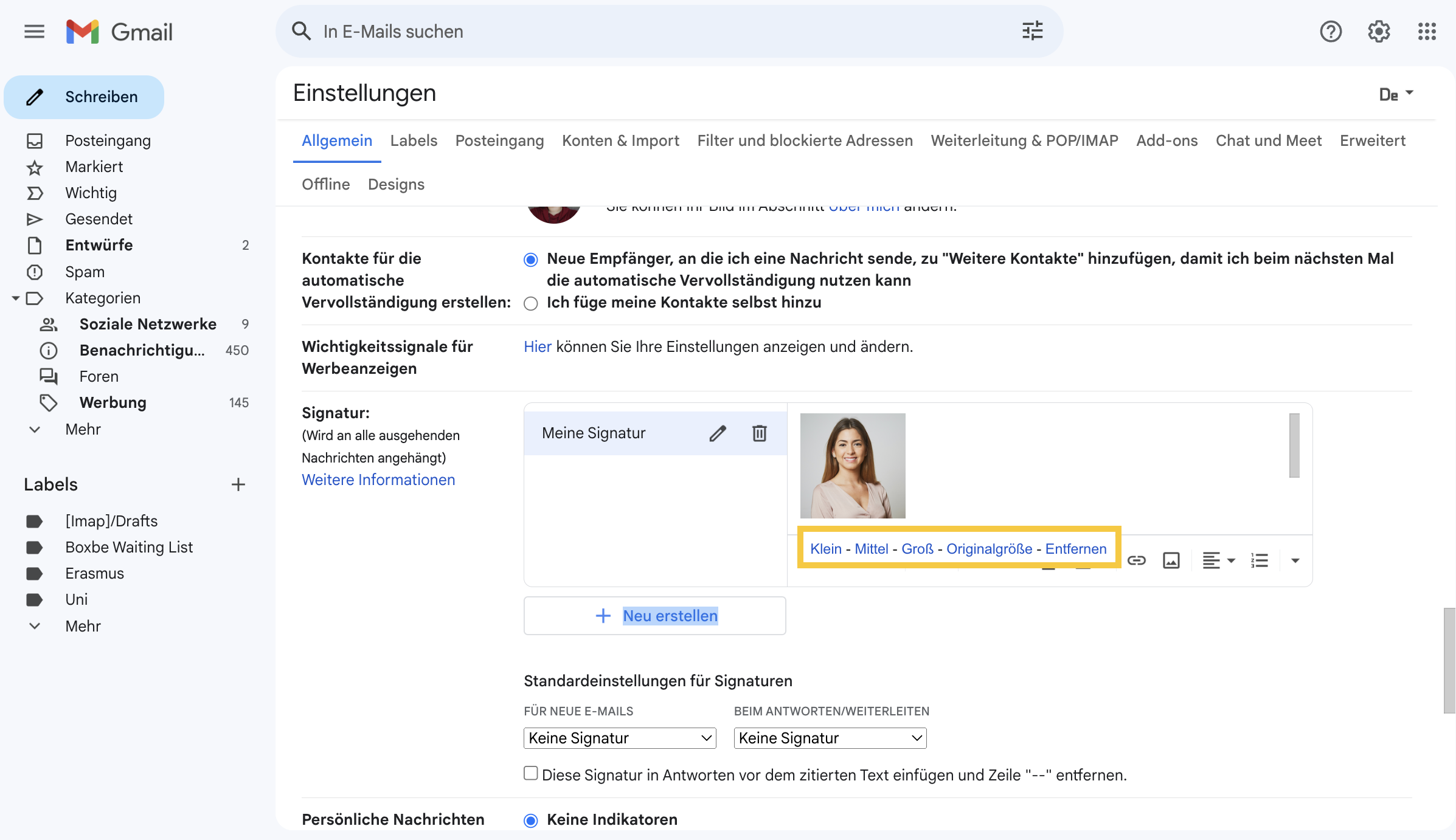 Bildbearbeitungsoptionen in Gmail-Signatur