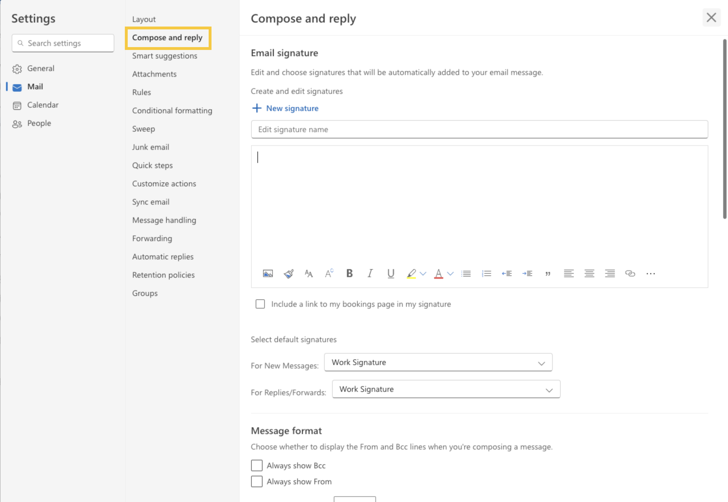 Compose and reply in Outlook settings