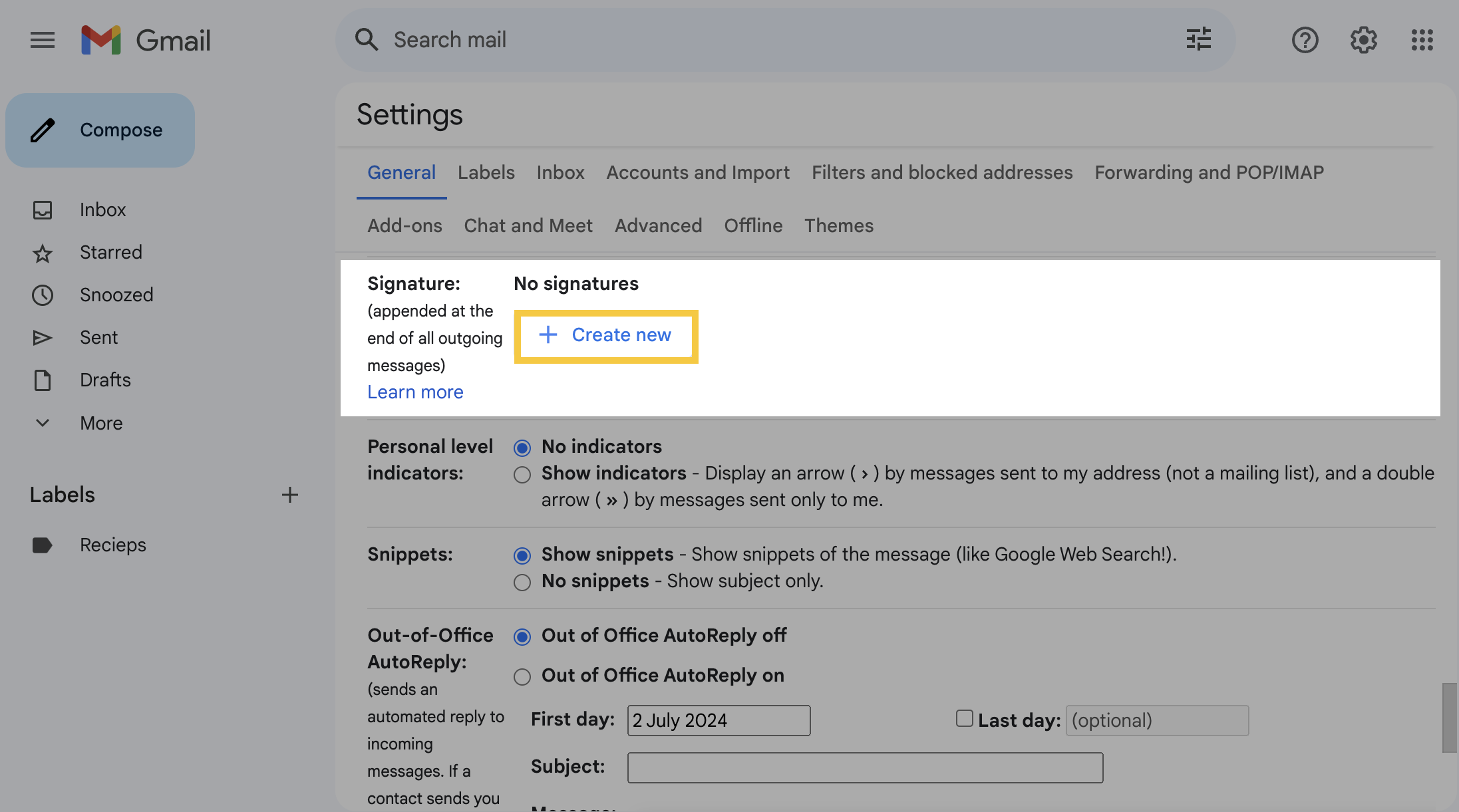 Creating new signature in Gmail