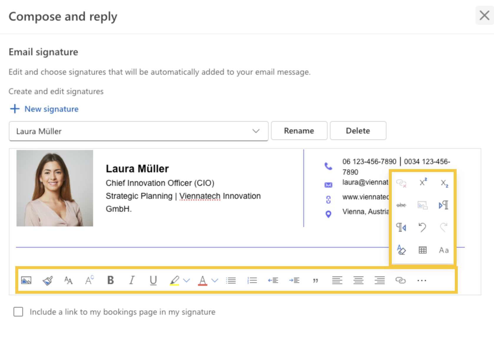 Editing features in Outlook signature