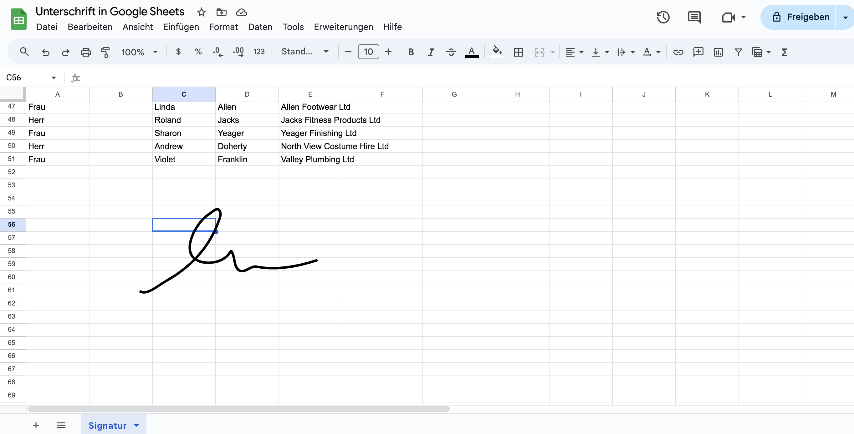 Unterzeichnung in Google Sheets einfügen