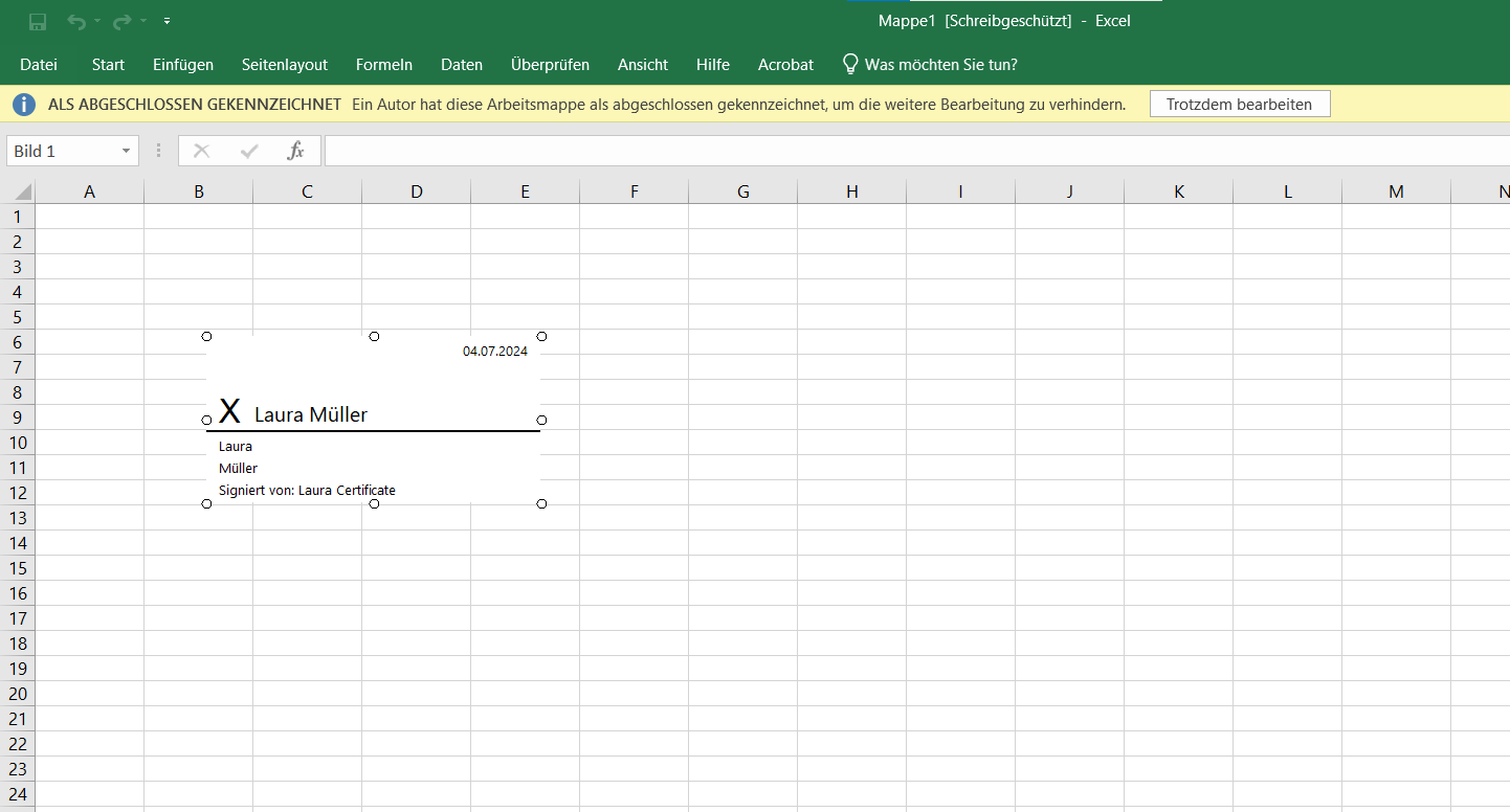 Beispiel einer elektronischen Signatur in Excel