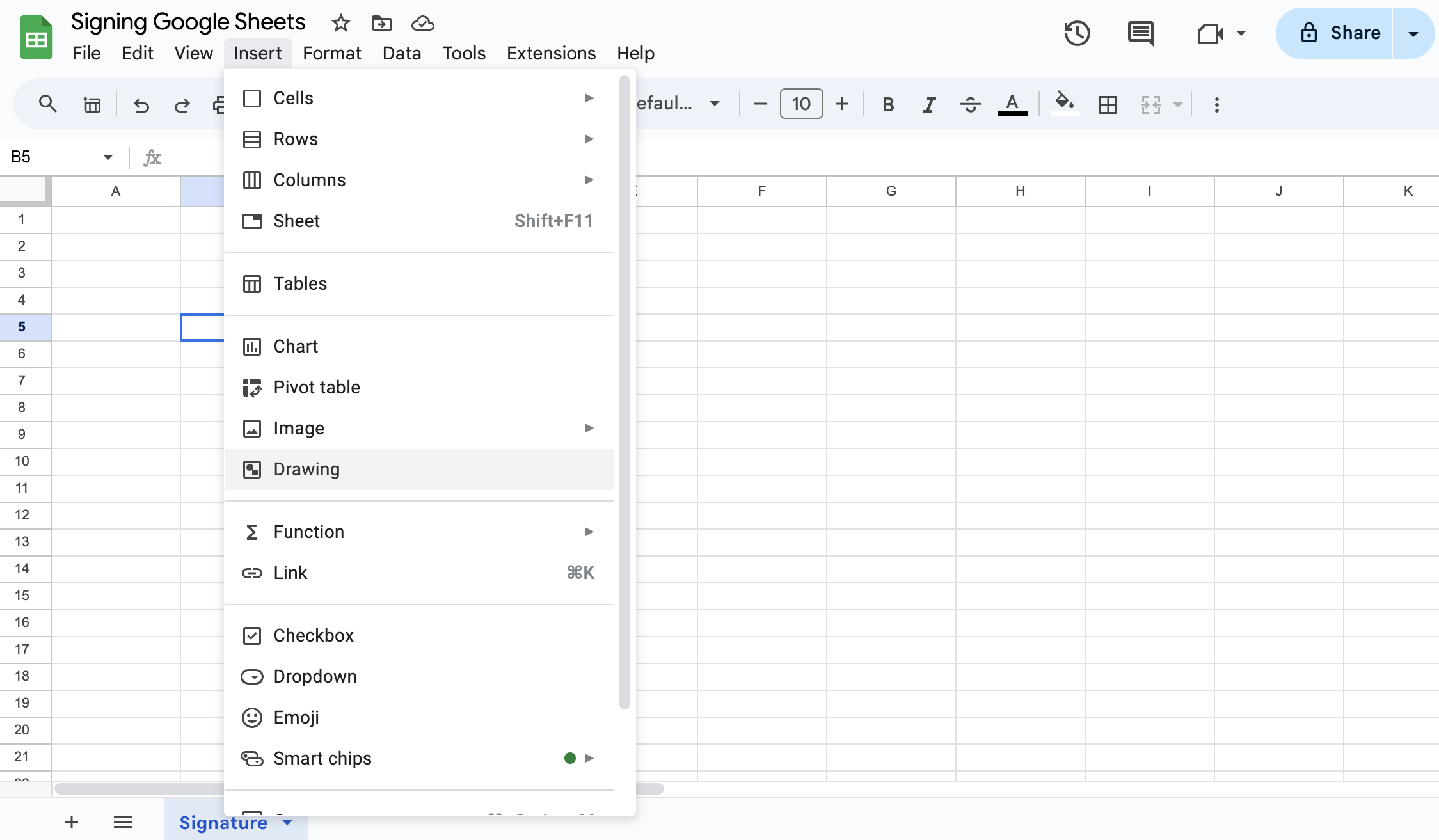 drawing option in google sheets