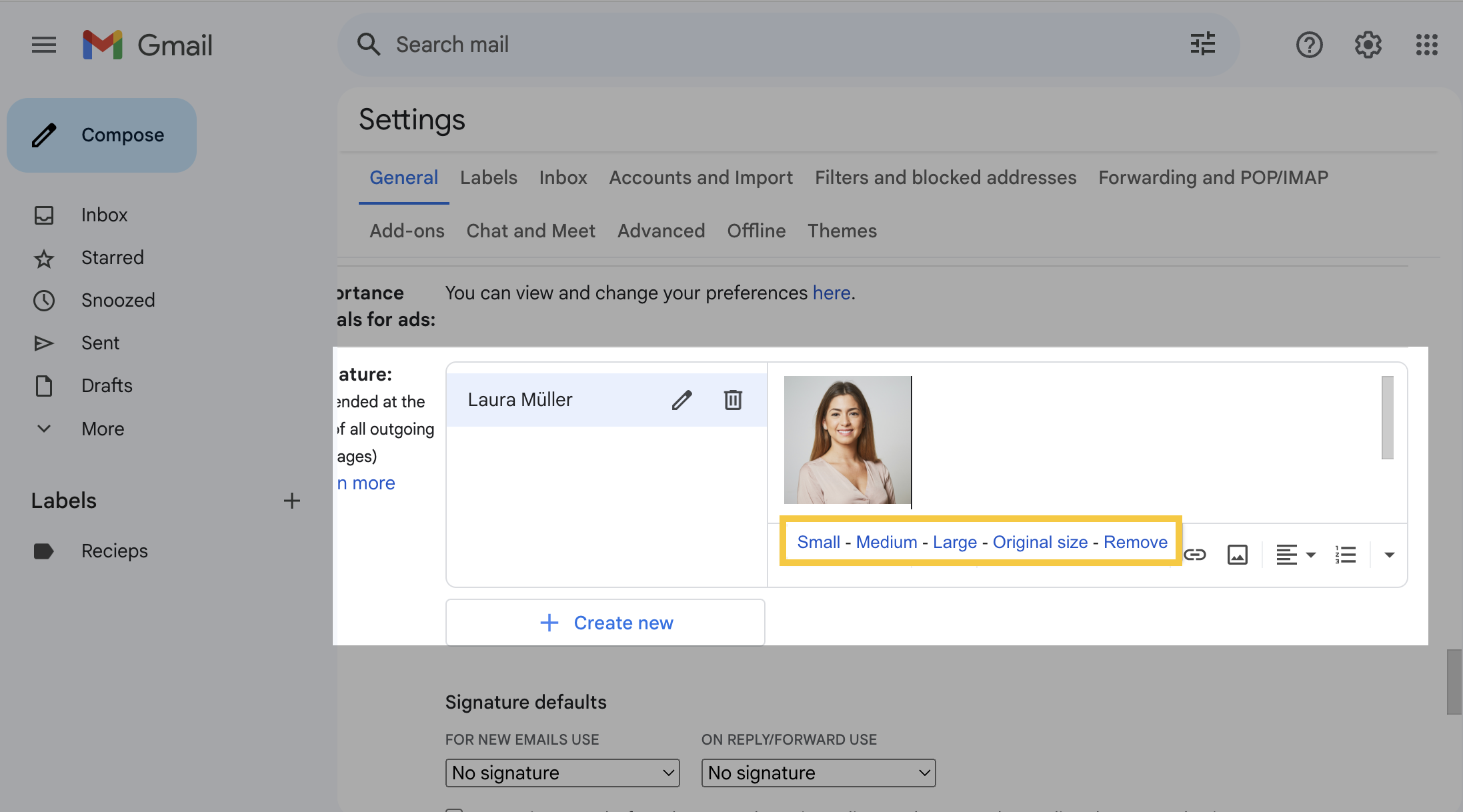 Image editing options in Gmail signature