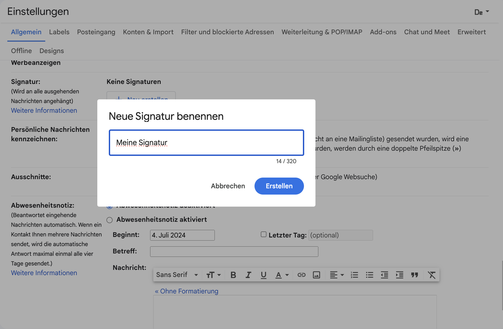 Neuen Signaturnamen in Gmail hinzufügen