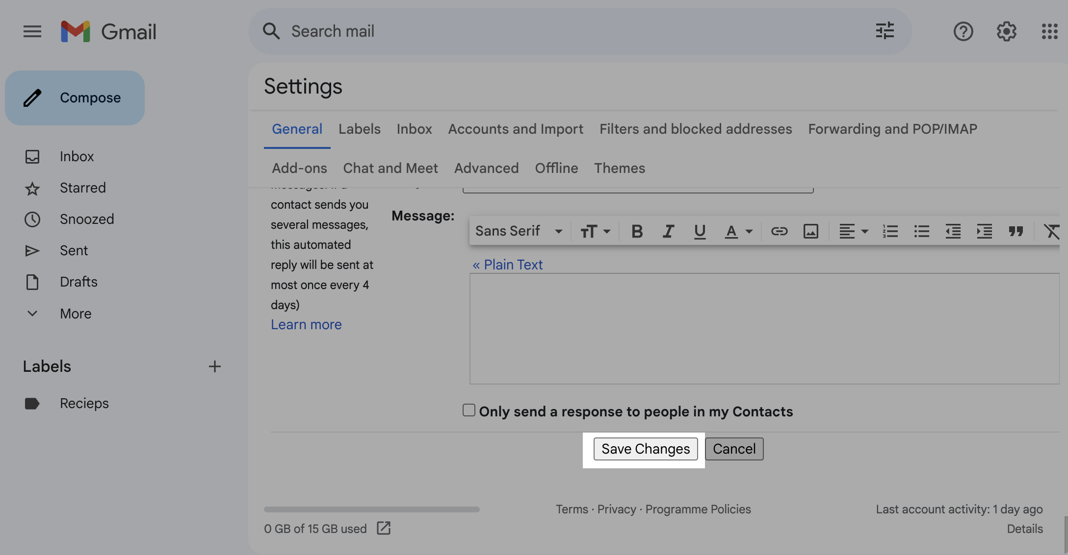 Saving changes in Gmail settings