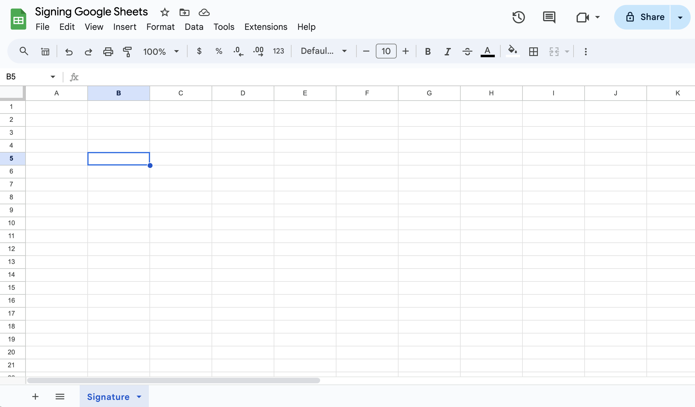 selecting cell to create signature in google sheets