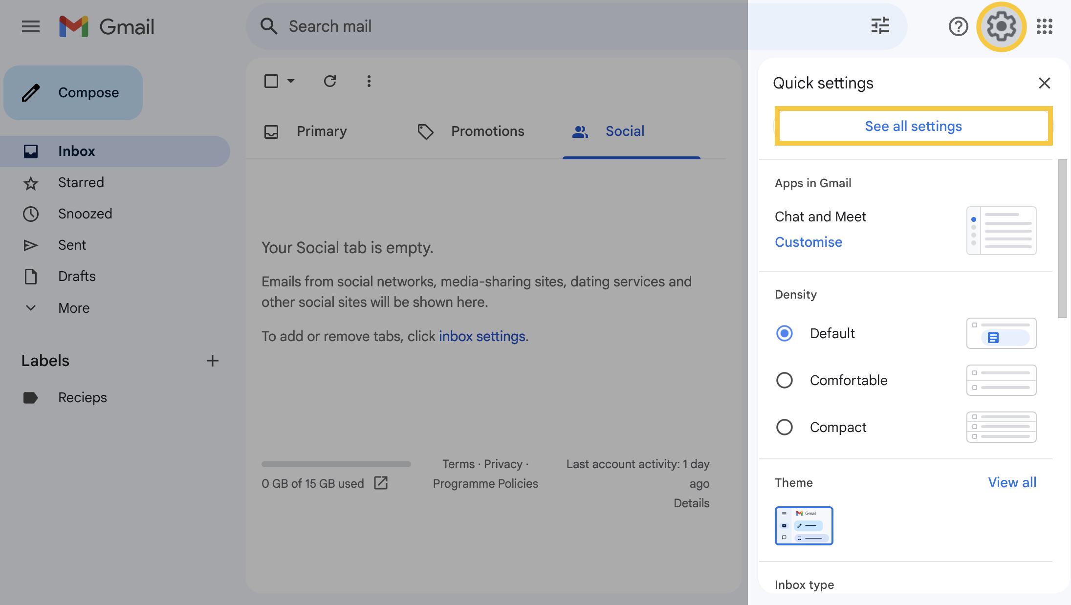 Settings button in Gmail