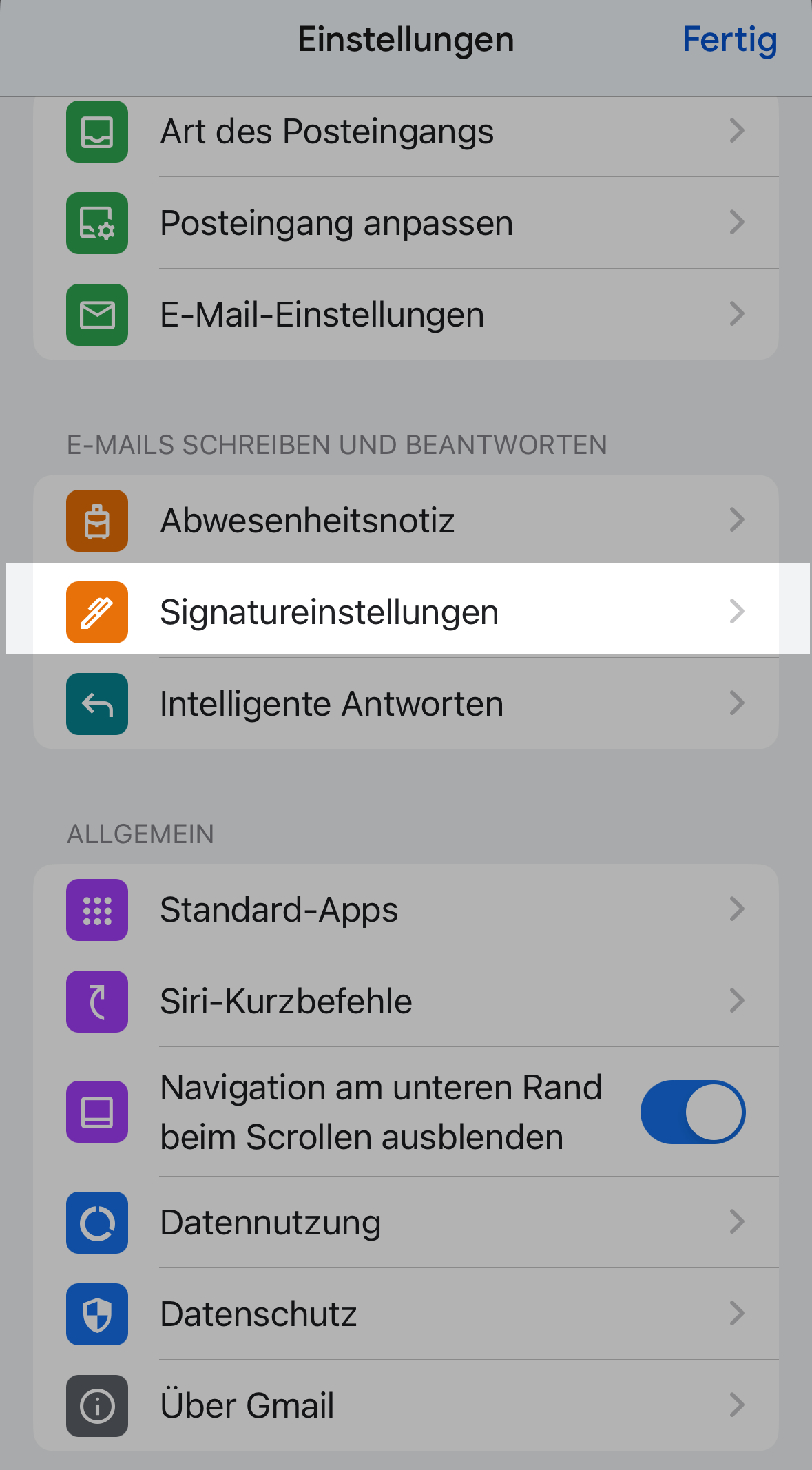 Signatur-Einstellungen in der Gmail-App