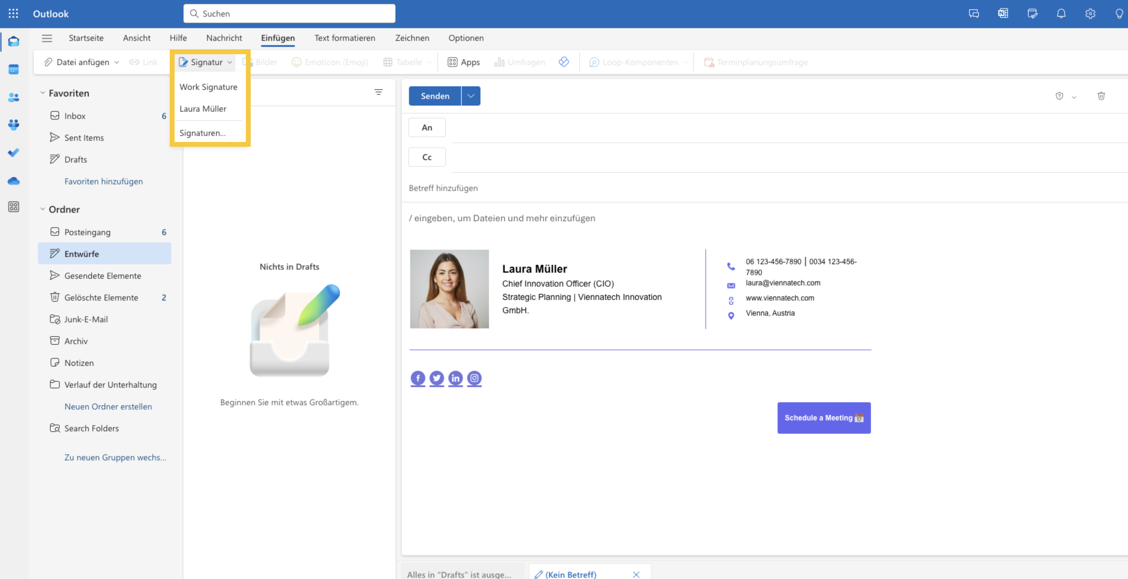 Signatur zu Outlook-E-Mail-Entwurf hinzufügen