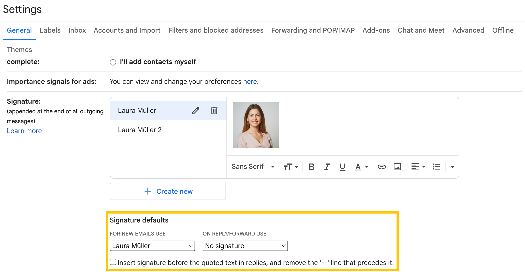 Signature defaults in Gmail