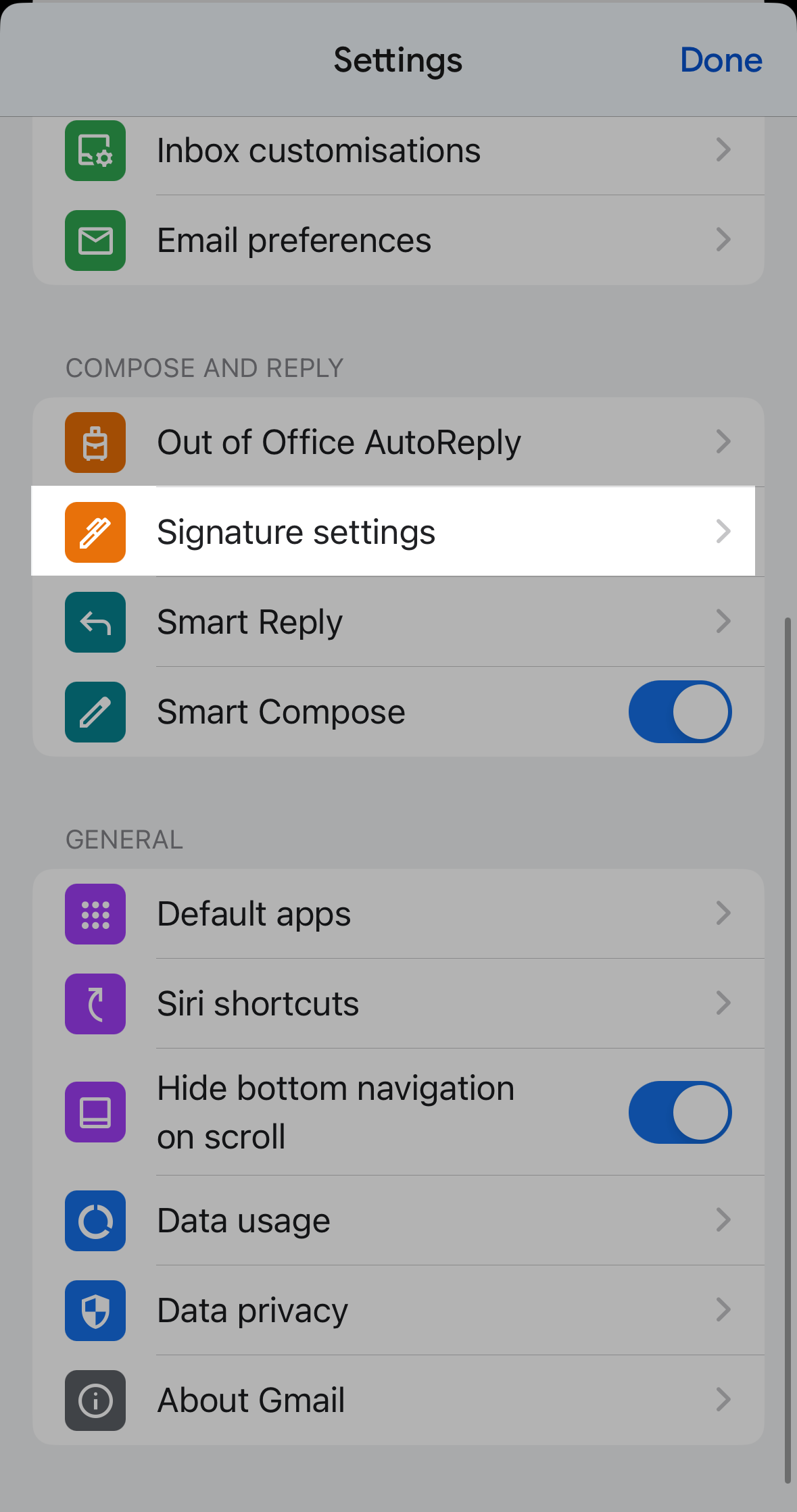 Signature settings in Gmail app