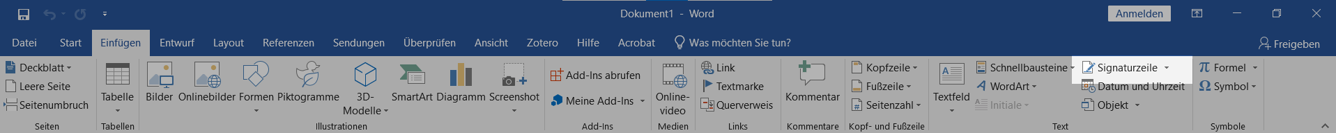 Hinzufügen einer Signaturzeile in der Windows-Version von Word