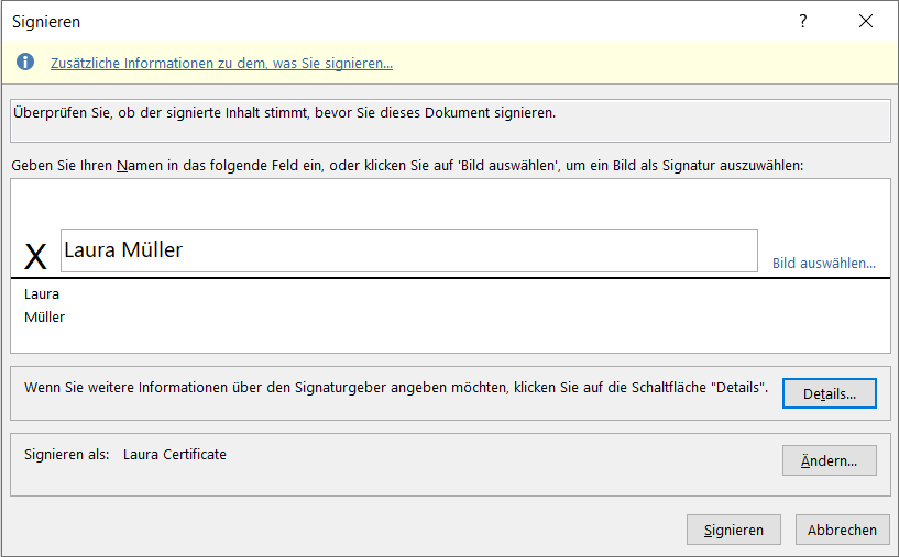 Signierfenster in Excel