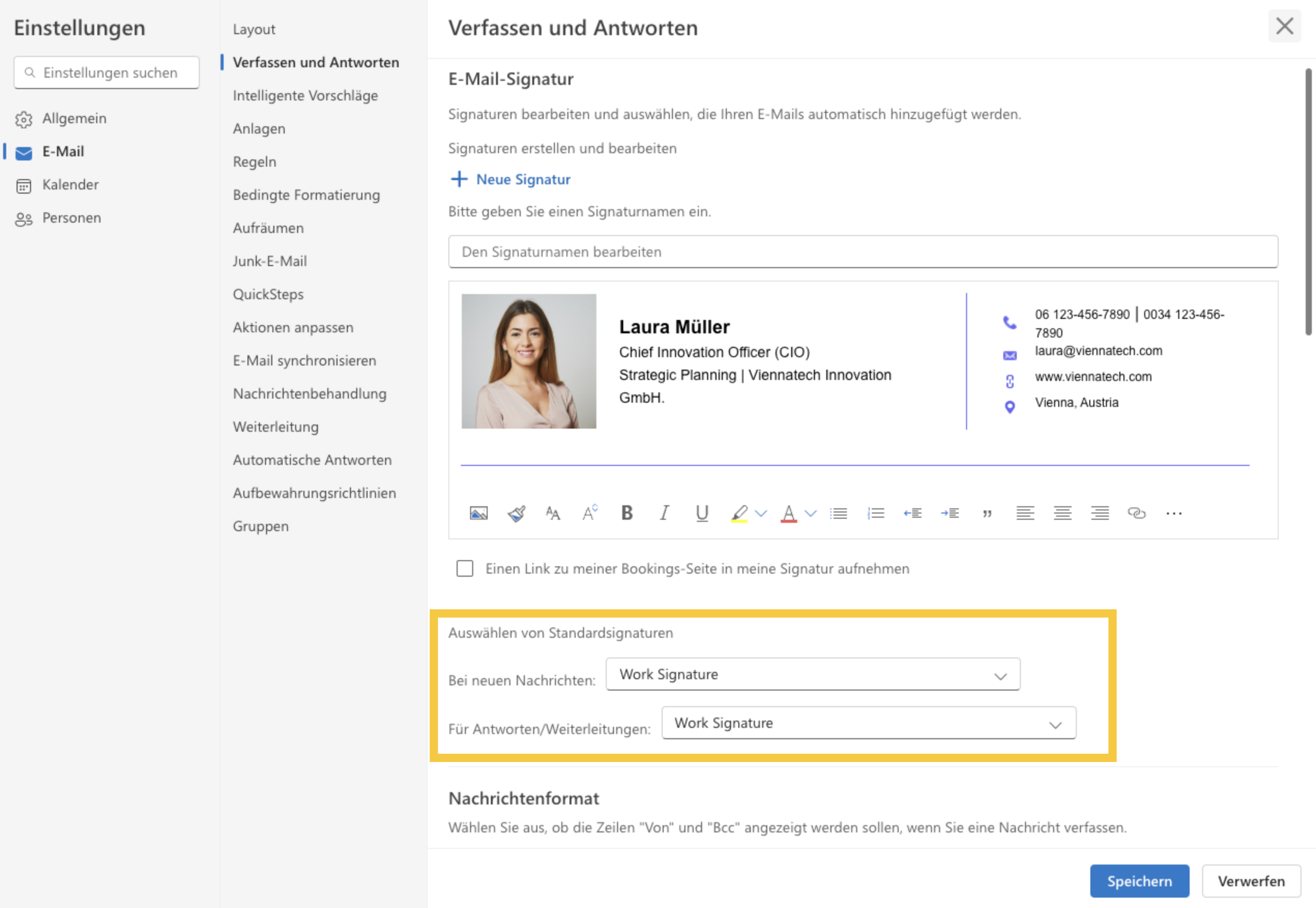 Standard-Signatur-Einstellung in Outlook
