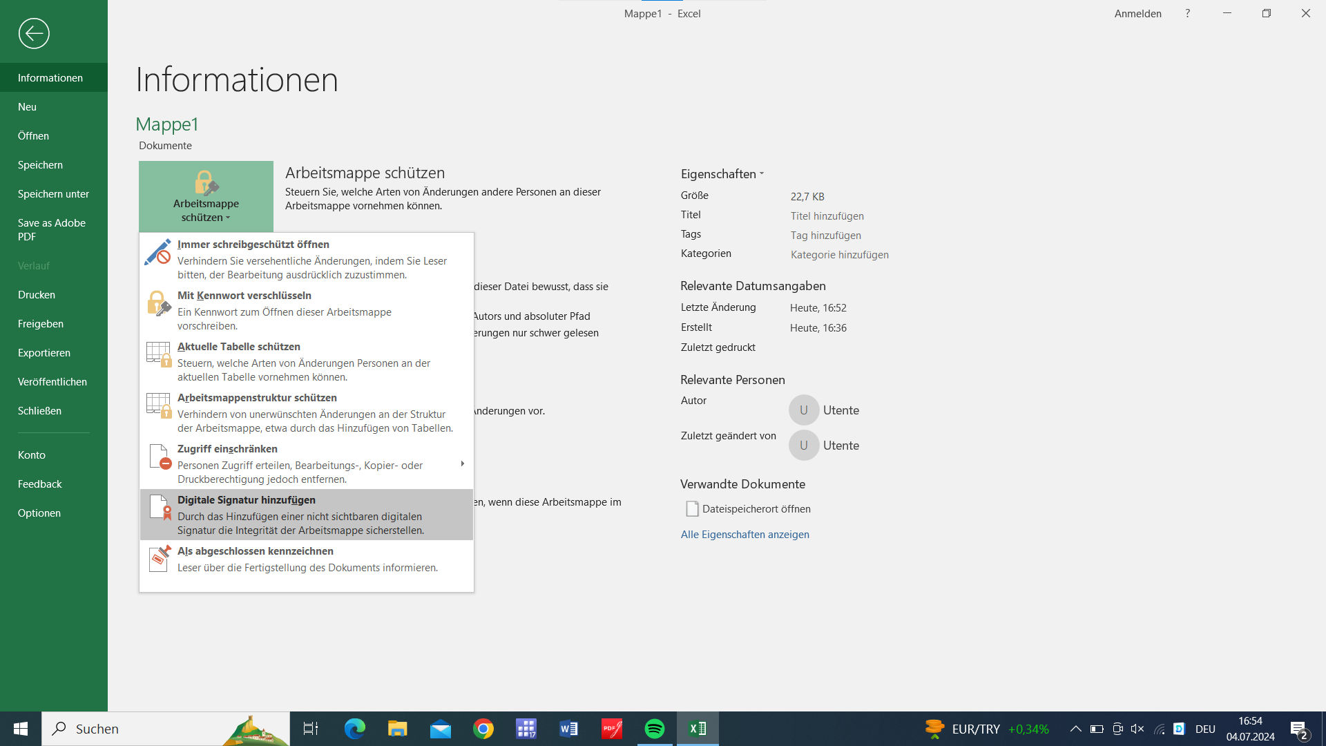 unsichtbare elektronische Signatur in Excel