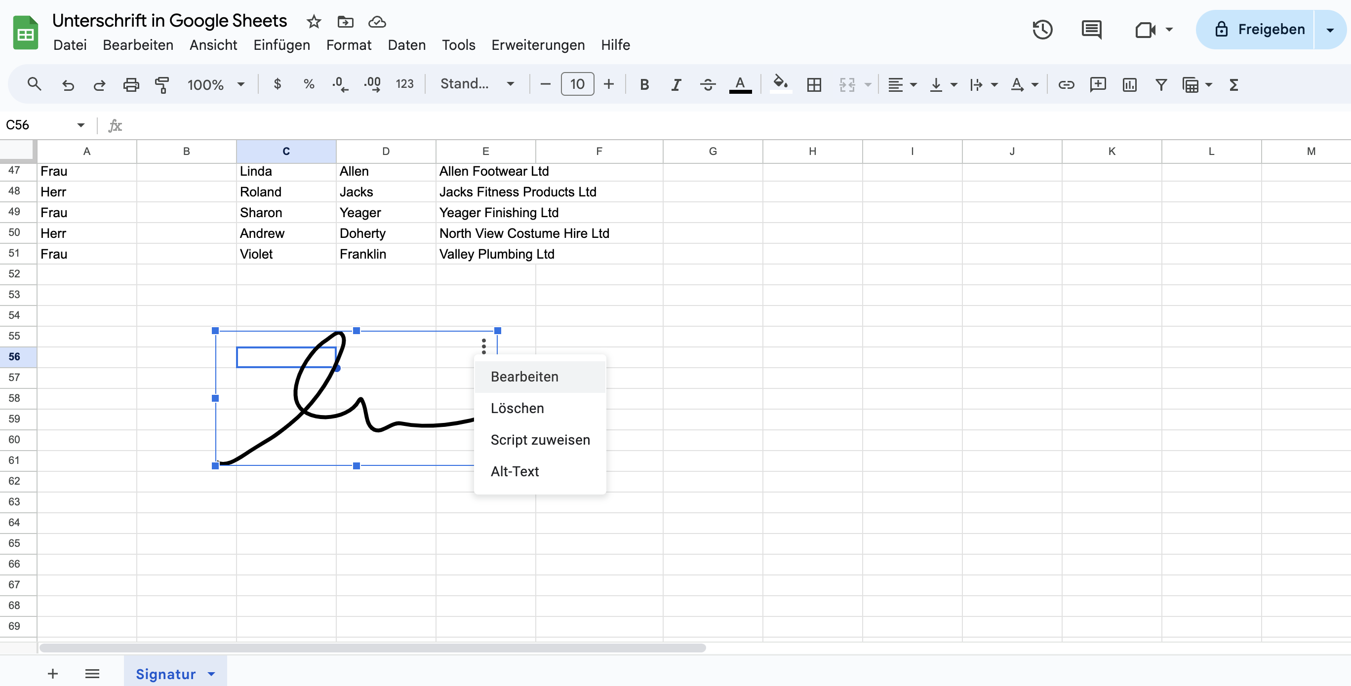 Unterschrift bearbeiten in Google Sheets