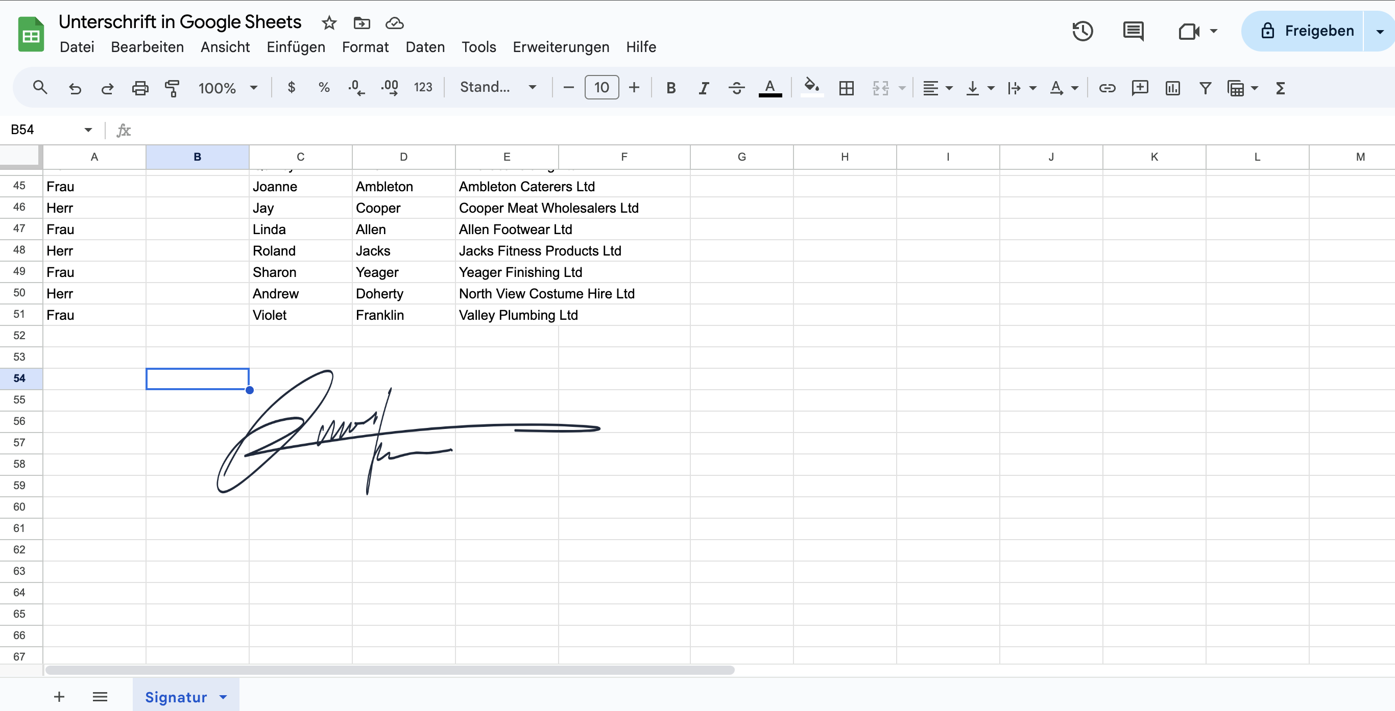 Unterschrift Bild hinzufügen Google Sheets