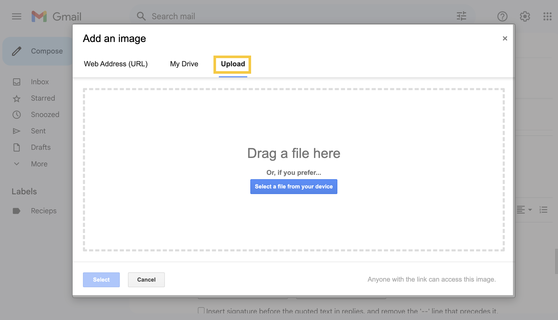 Upload image in Gmail signature