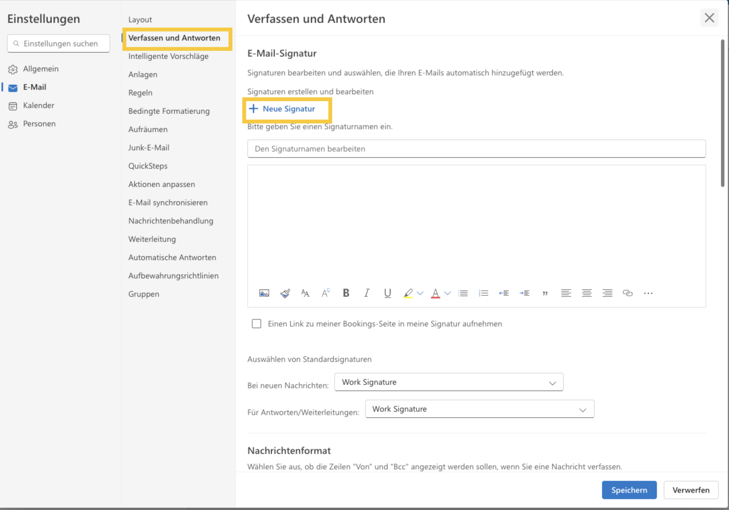 Verfassen und Antworten in den Outlook-Einstellungen