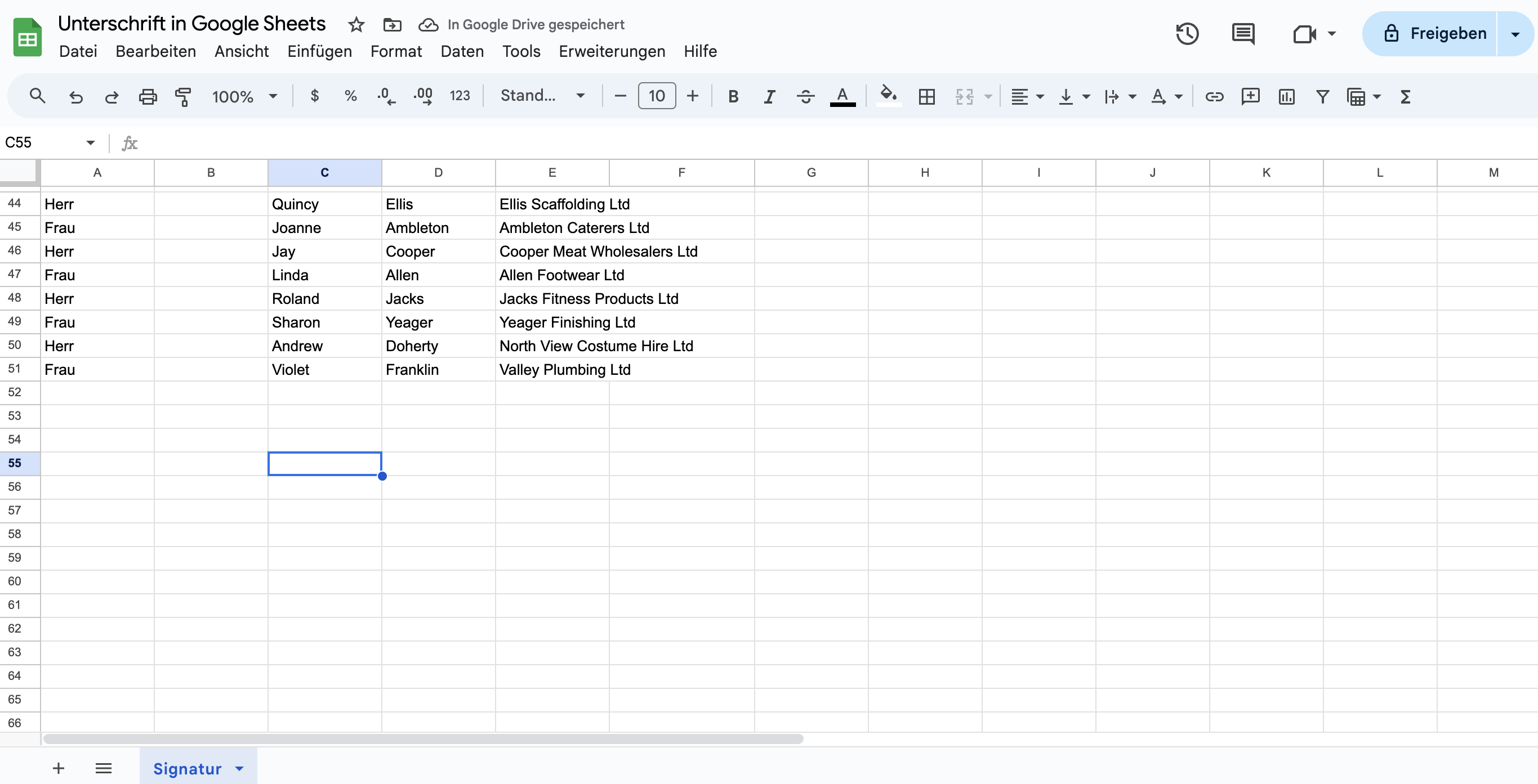 Zelle zur Erstellung einer Unterschrift in Google Sheets auswählen