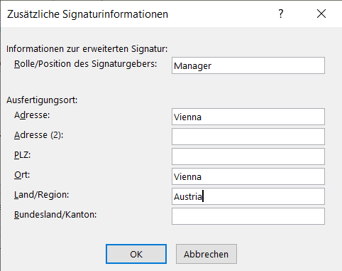 zusätzliche Signaturinformationen in Excel