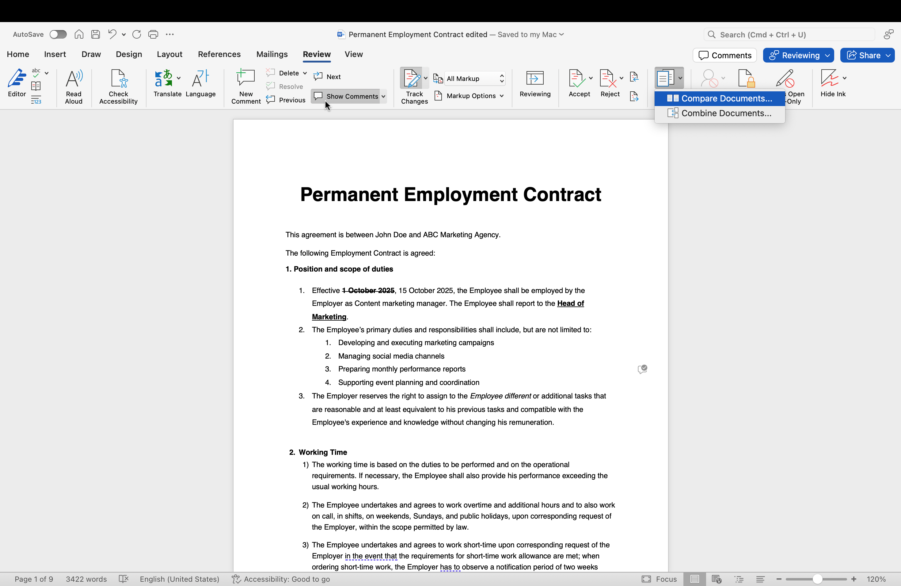 Comparing documents in MS Word