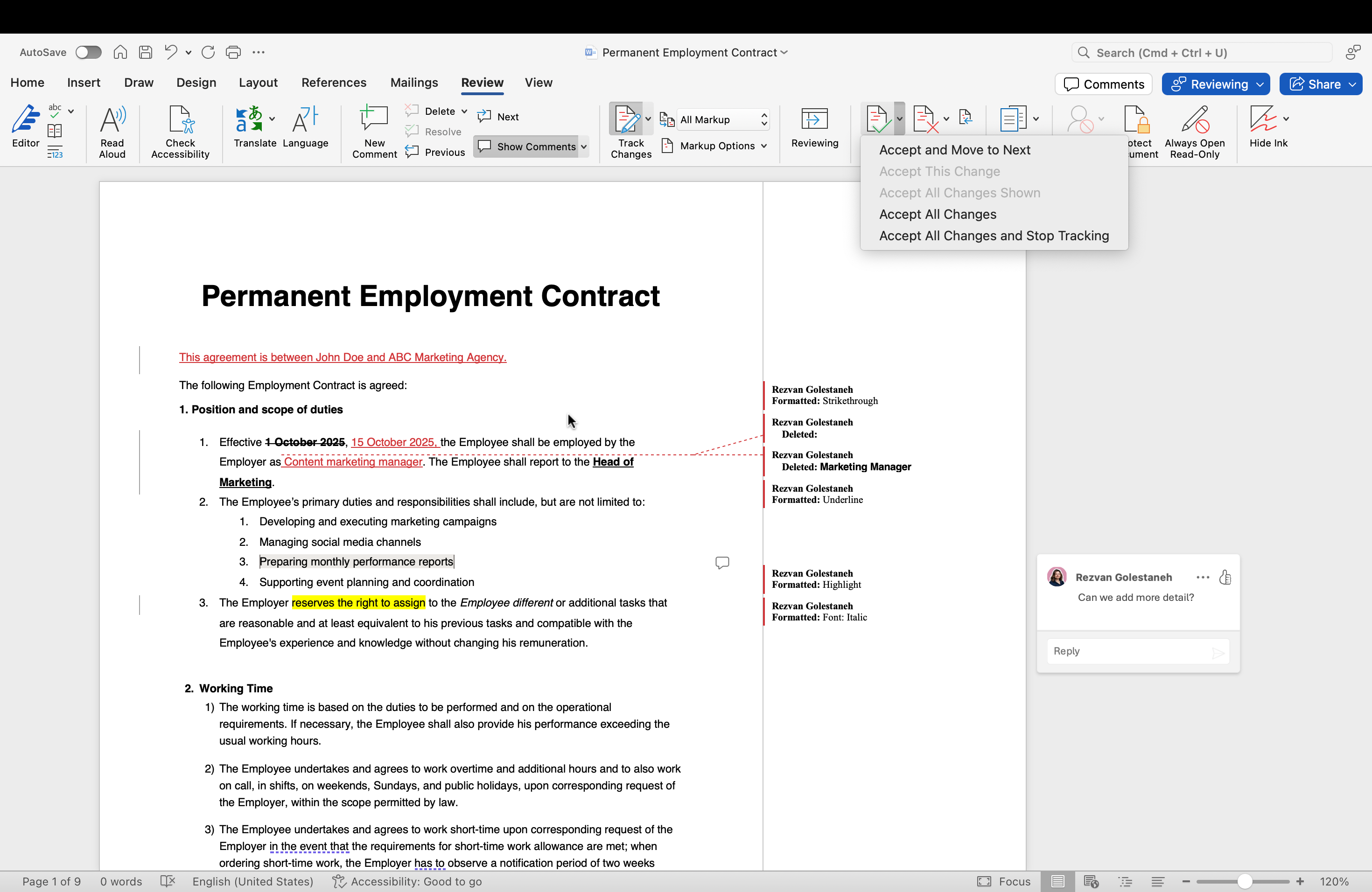 Accepting options when redlining a document in MS Word