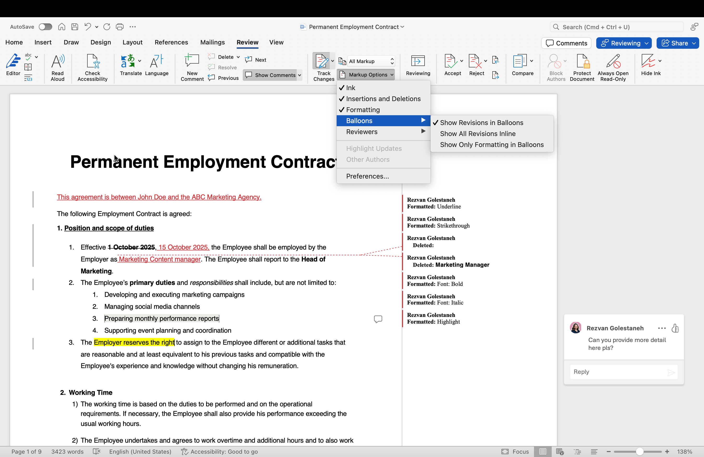 Markup options in MS Word redline
