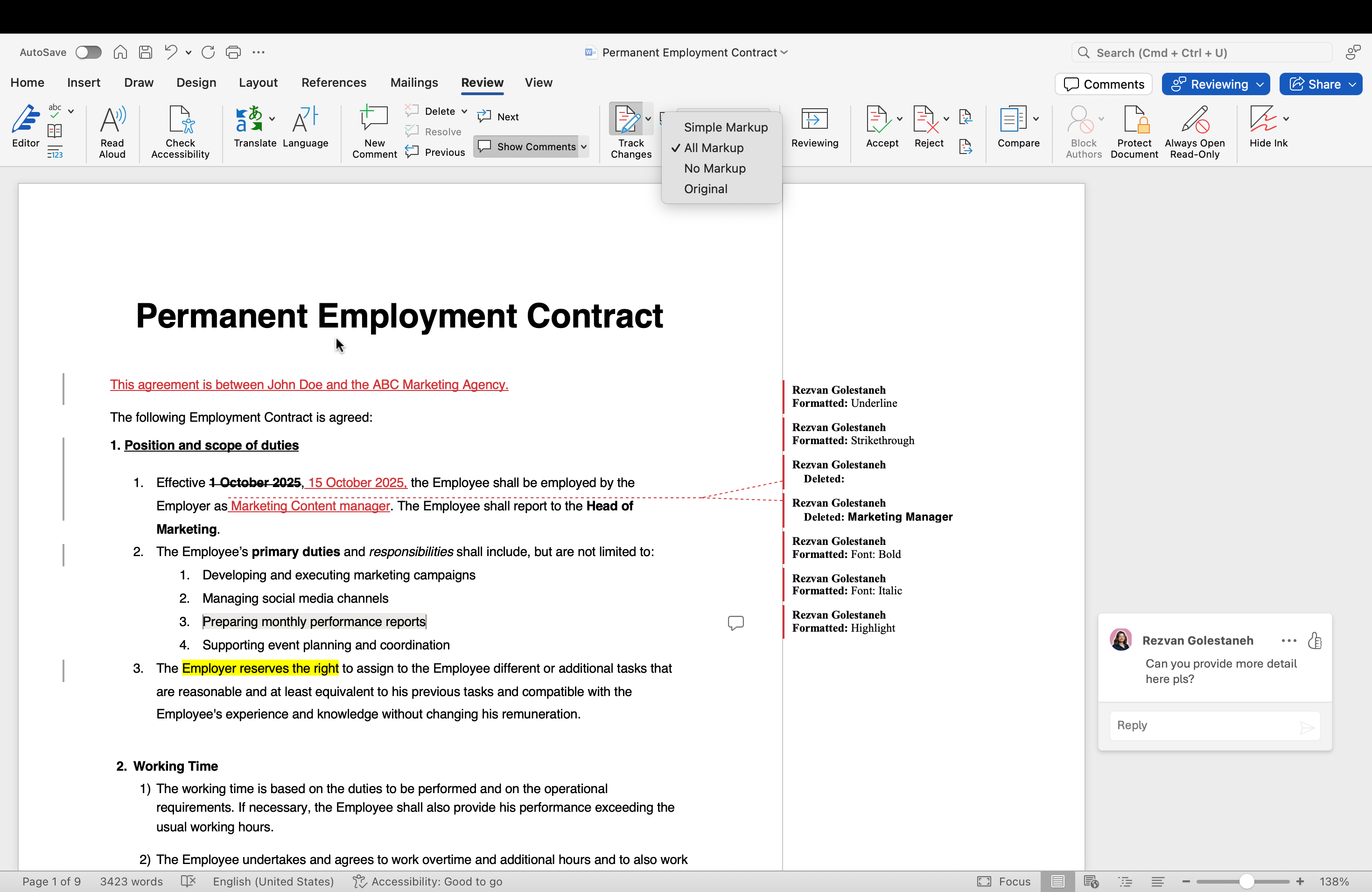 Display options in MS Word redlining