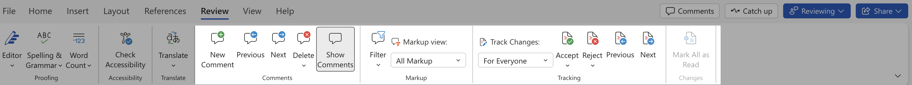 Review panel in MS Word in MS 360