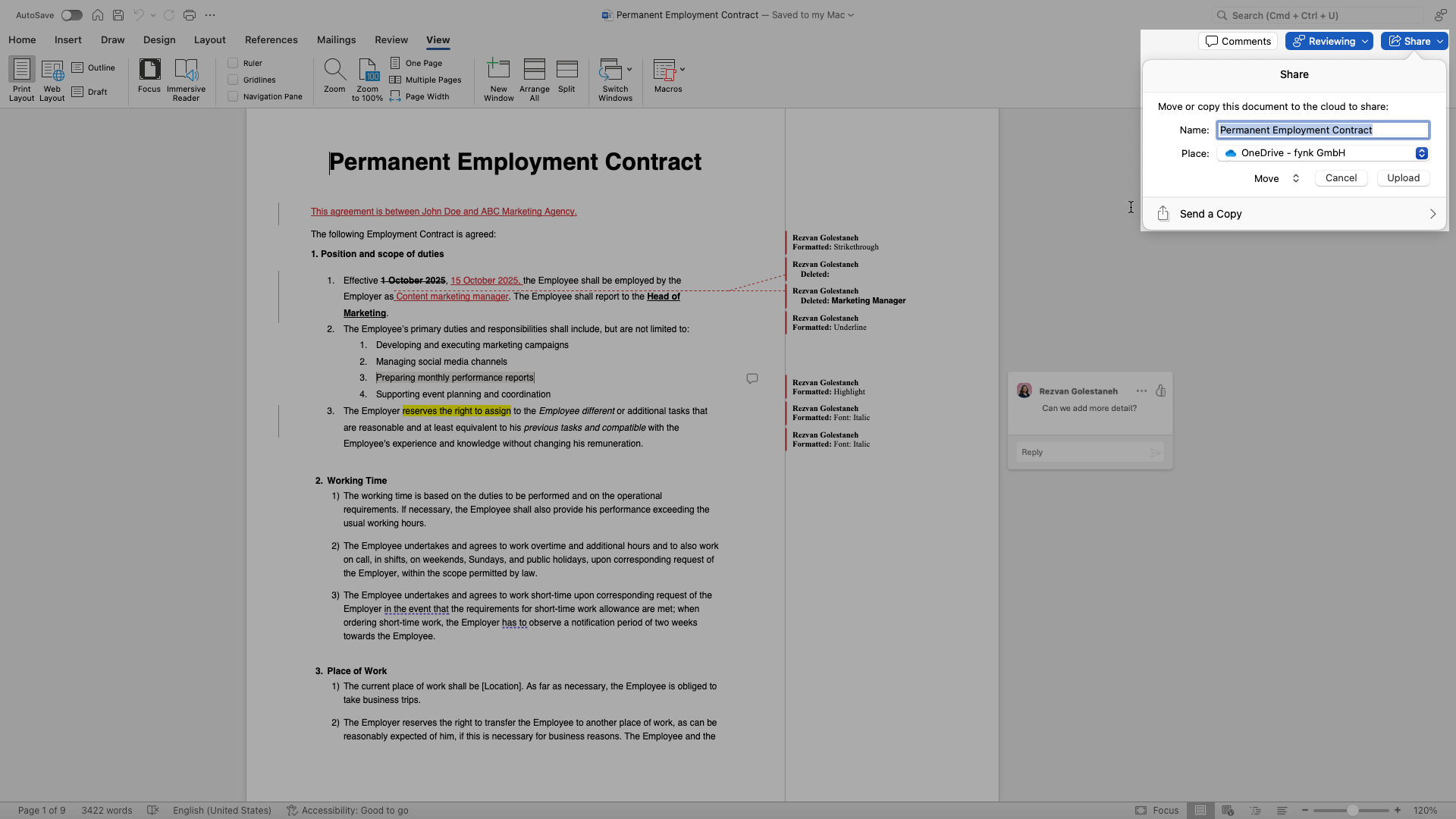 Sharing a redline document in MS Word