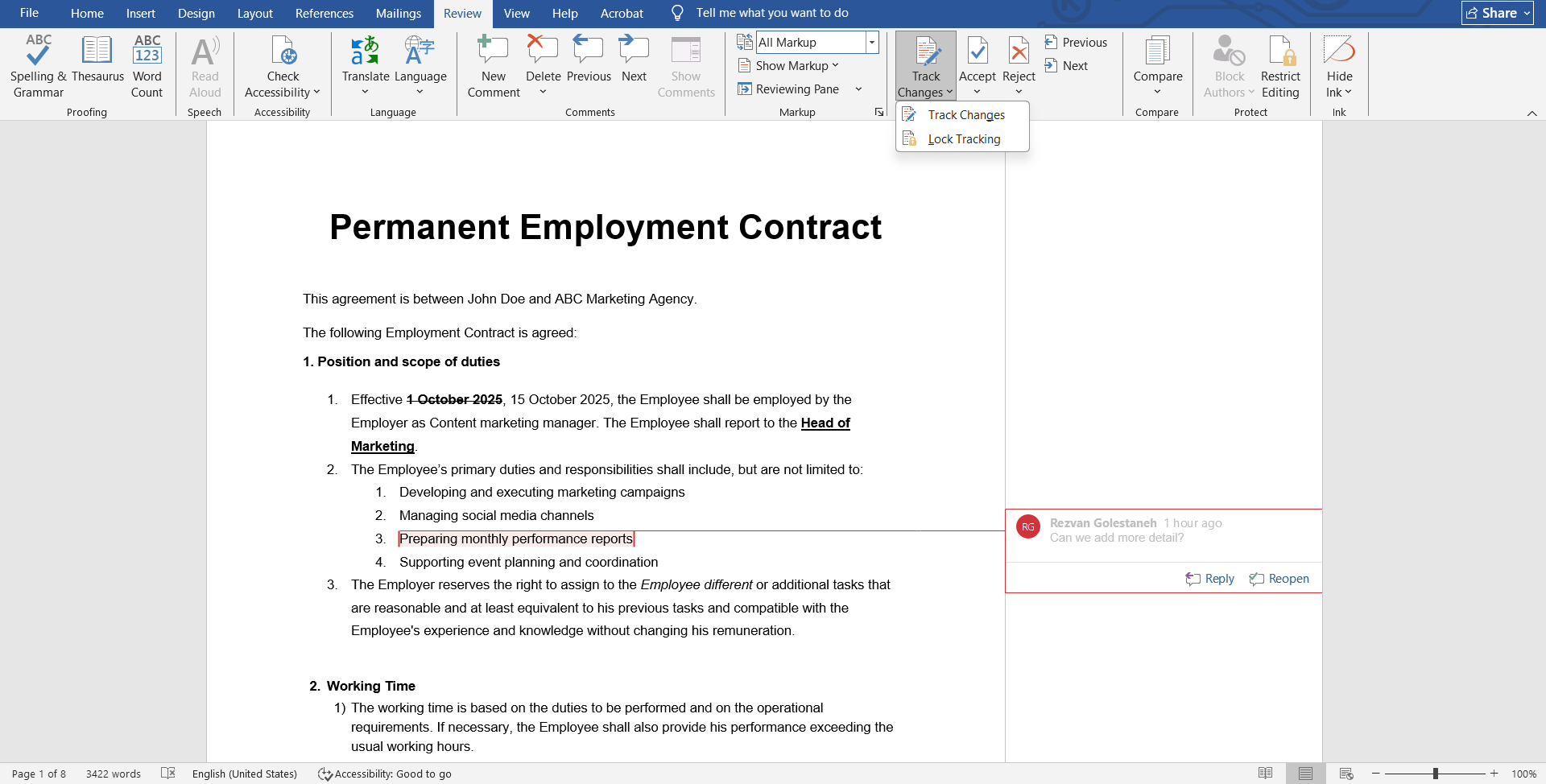 Turning on track changes in MS Word in Windows