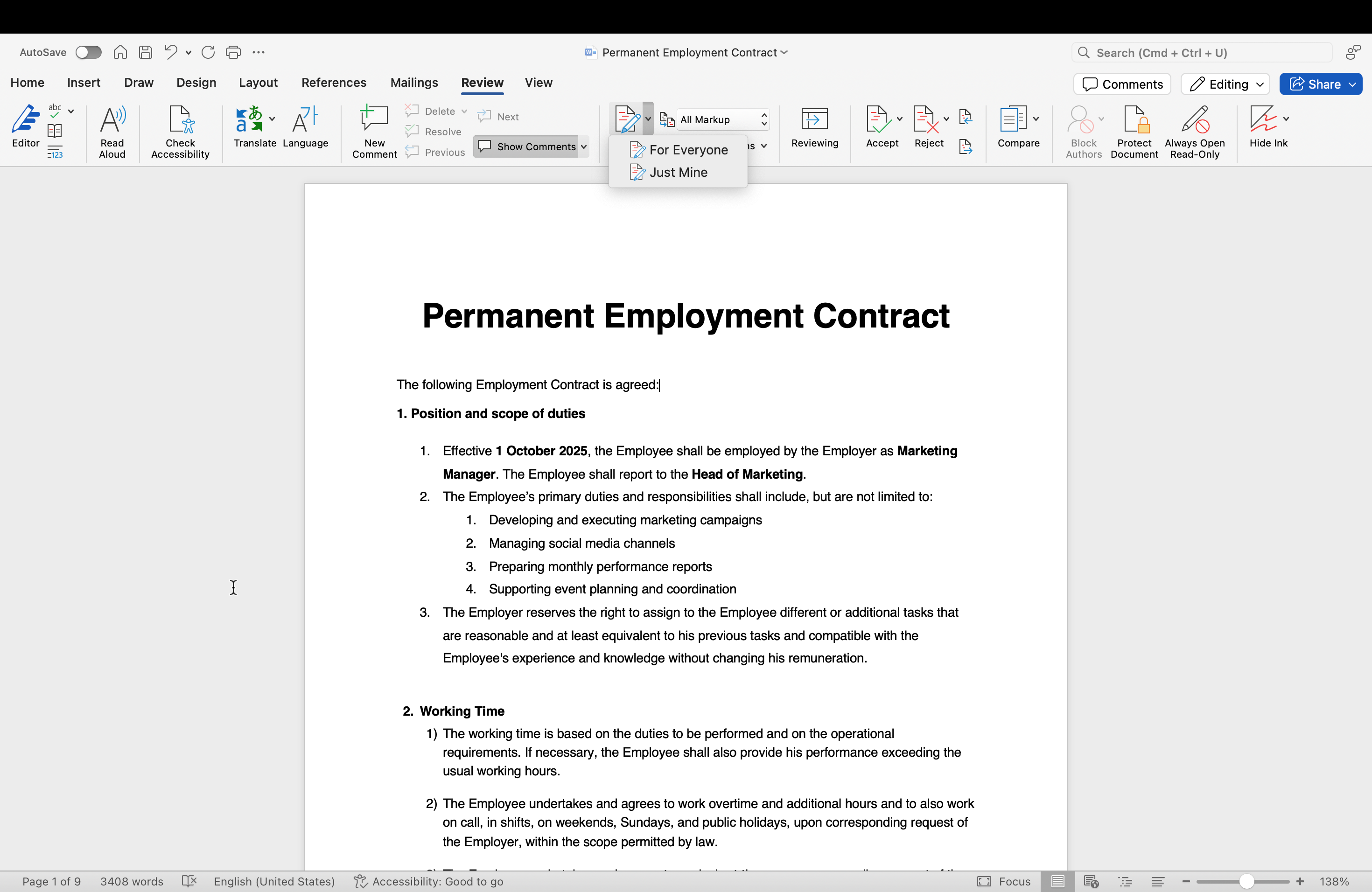 Turning on track changes in MS Word