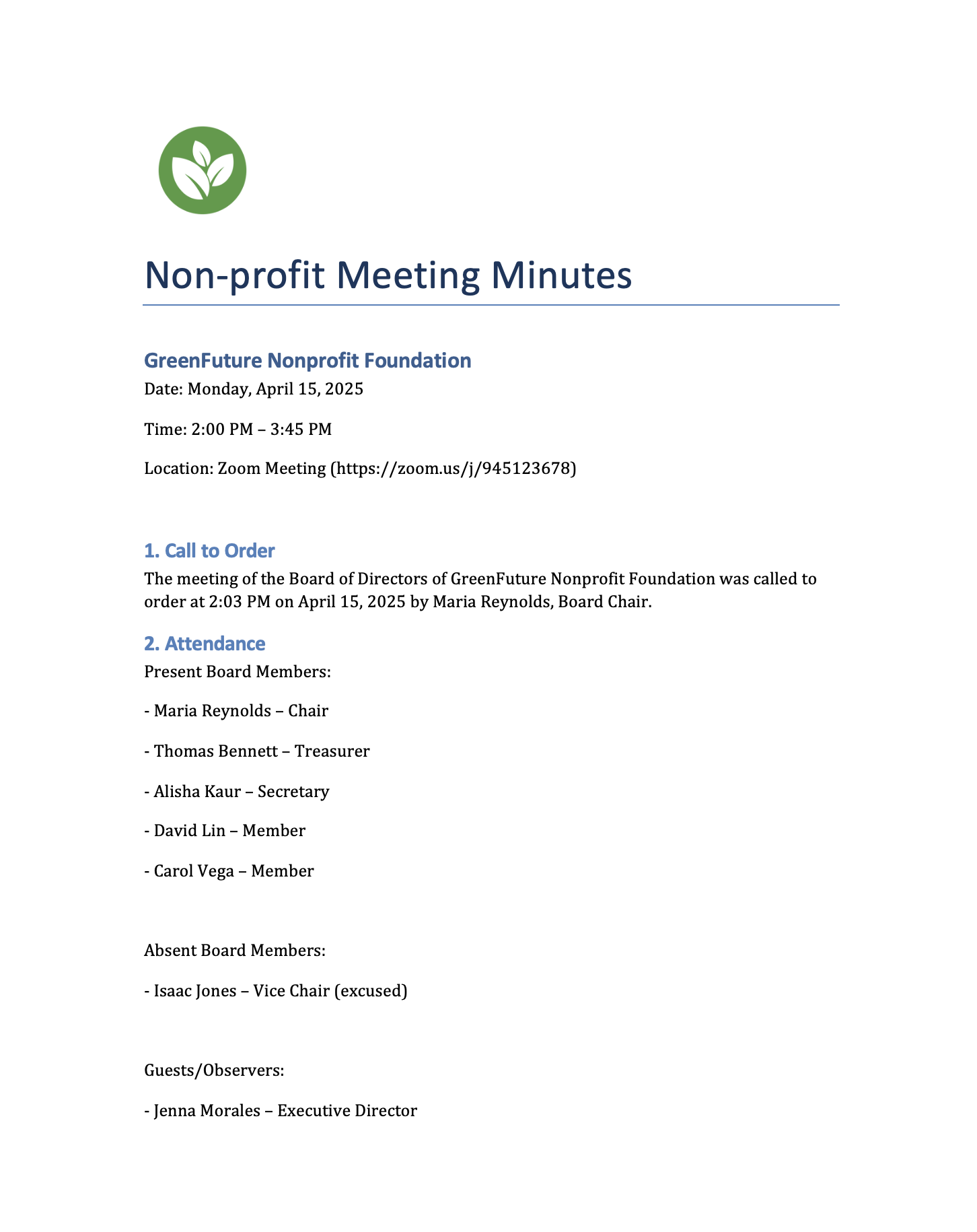 Sample of meeting minutes for non-profits