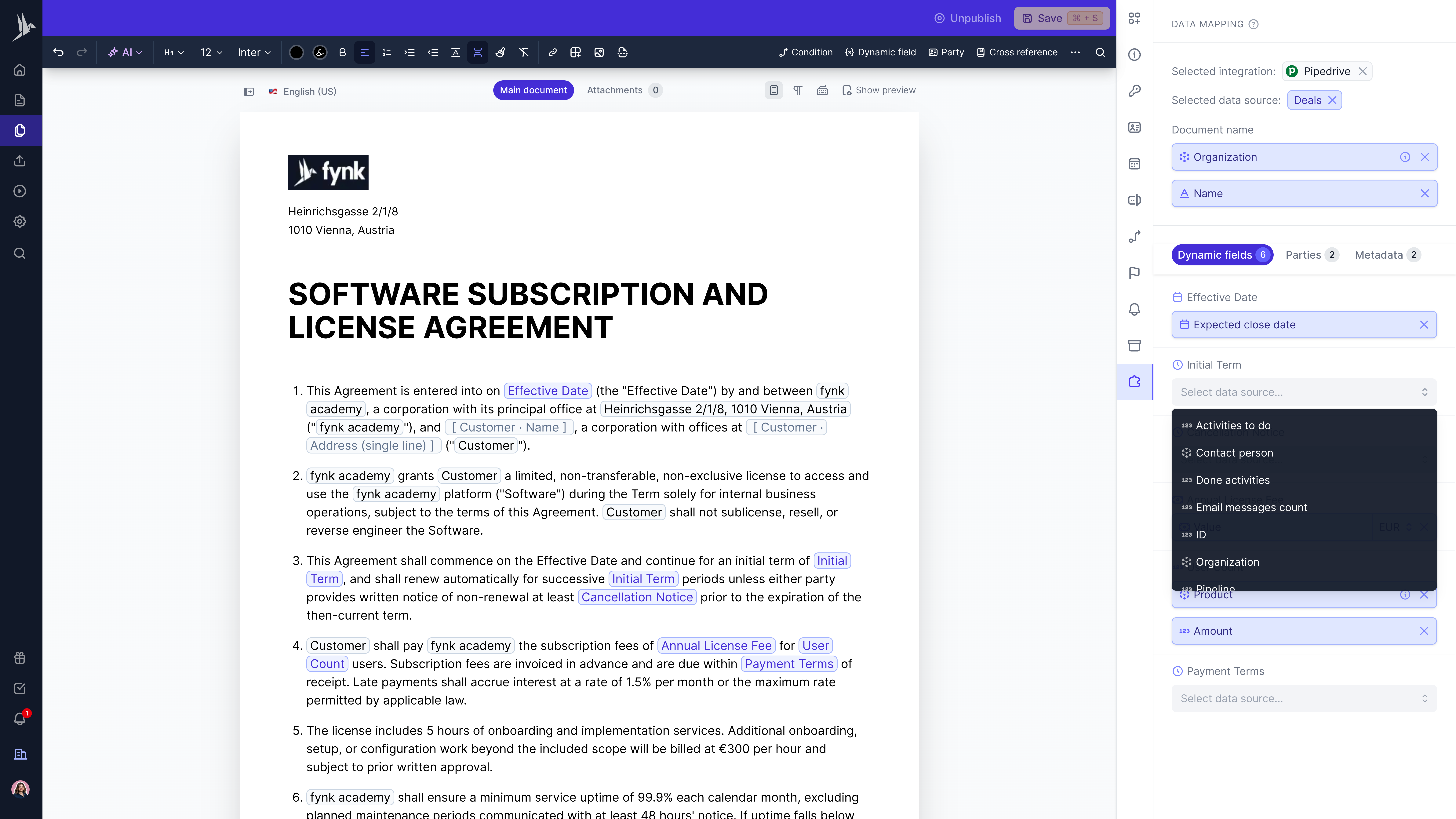 Pipedrive Datamapping in fynk Pipedrive Datamapping in fynk