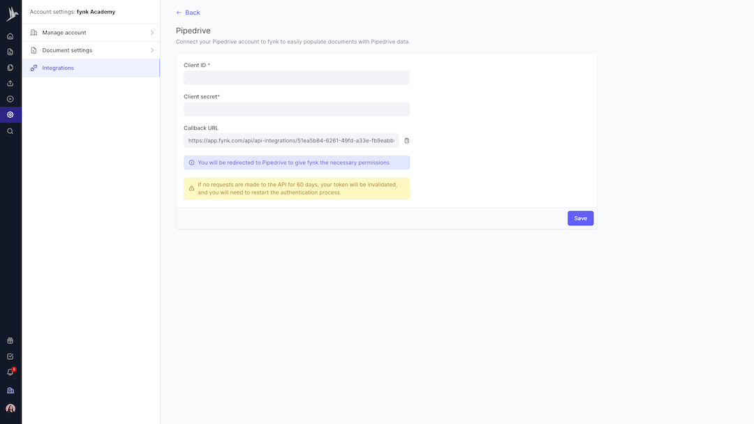 Pipedrive Integration Settings in fynk Pipedrive Integration Settings in fynk