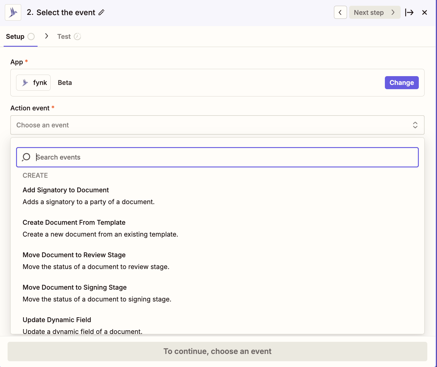 Select fynk events in Zapier