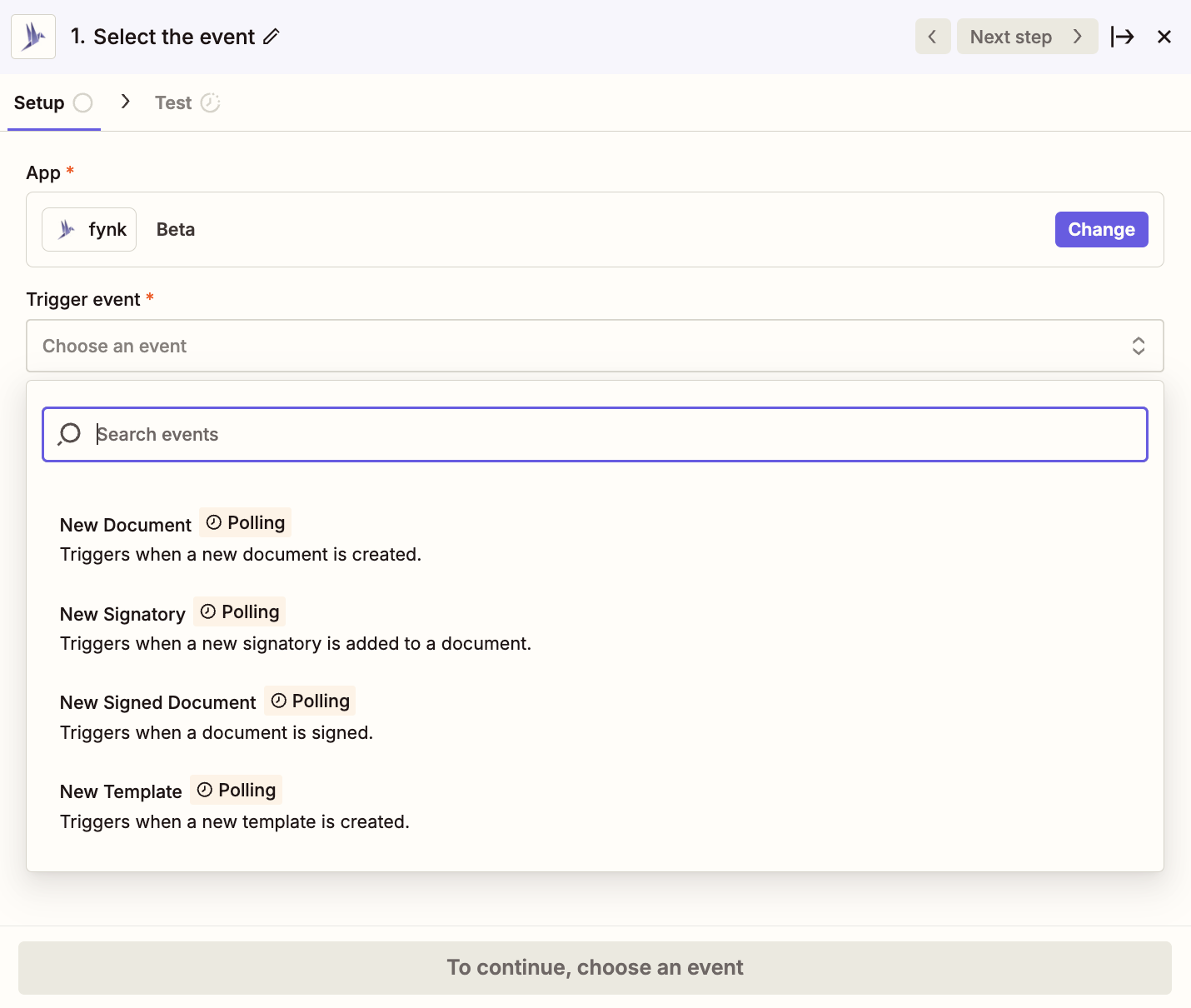 fynk trigger events in Zapier