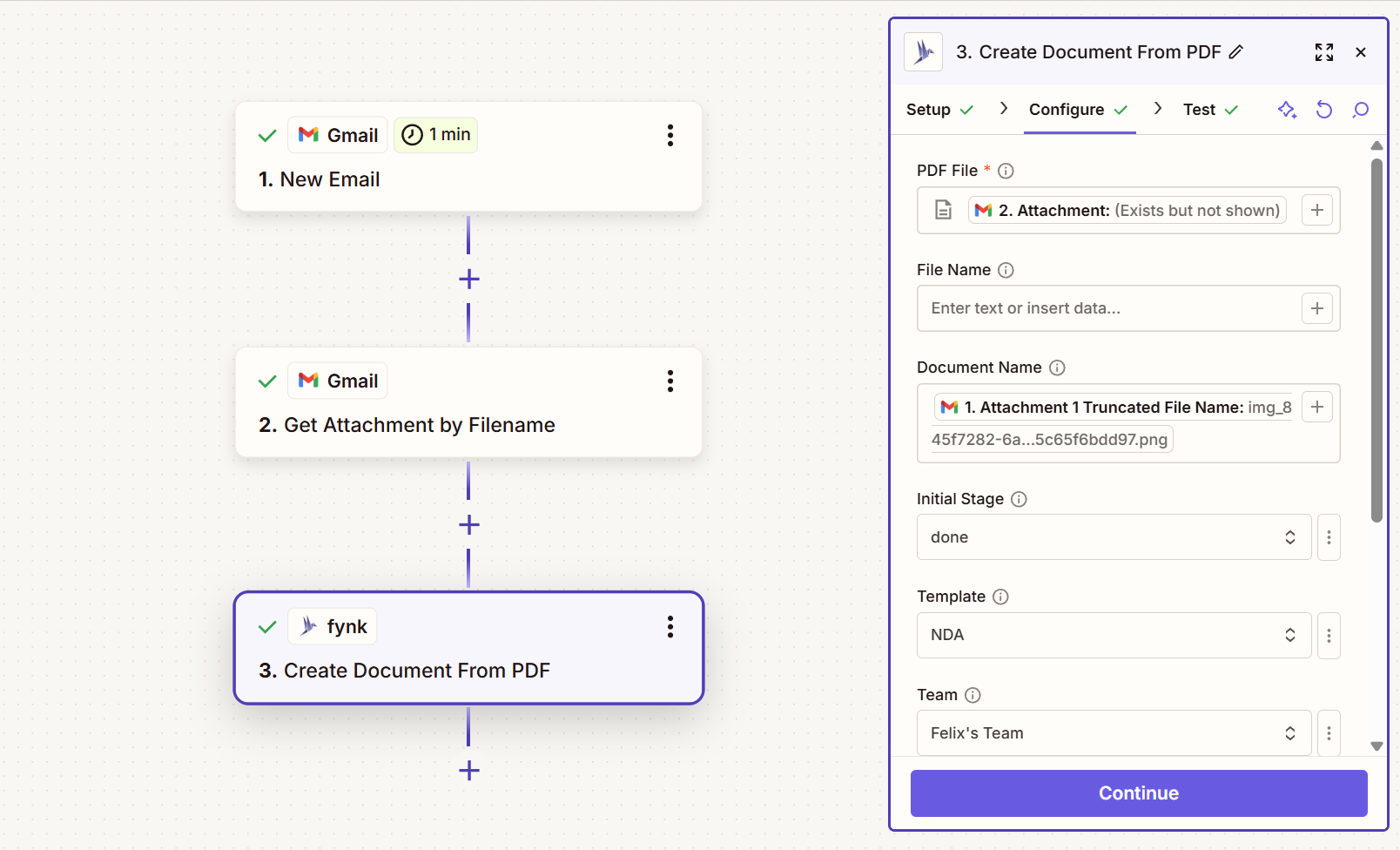 Screenshot of the Create Document From PDF step configuration