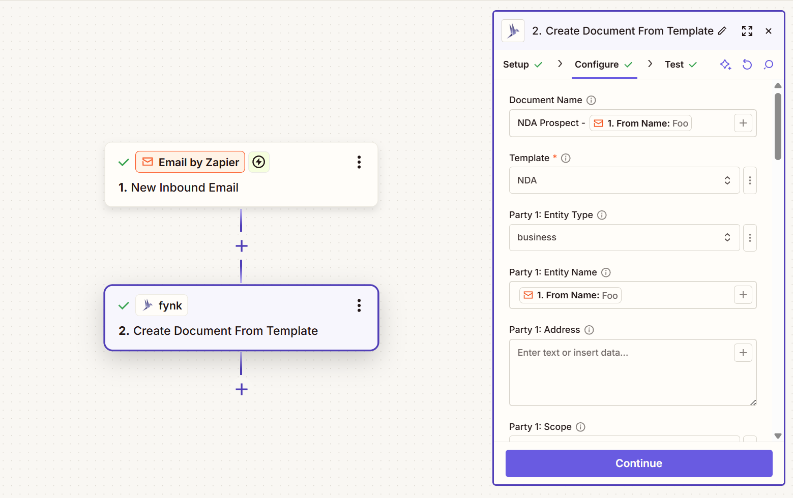 Screenshot of the Create Document From Template step configuration