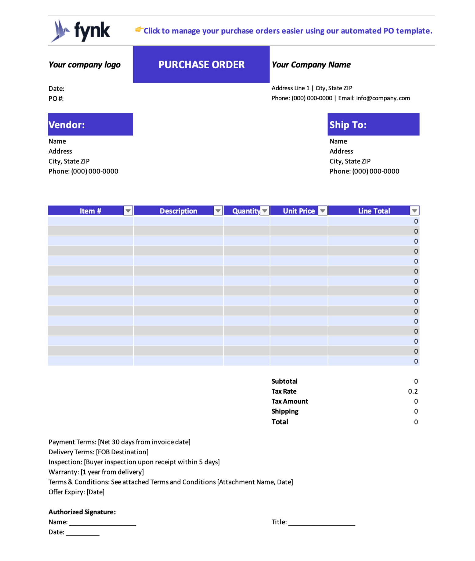 Purchase Order Excel Template
