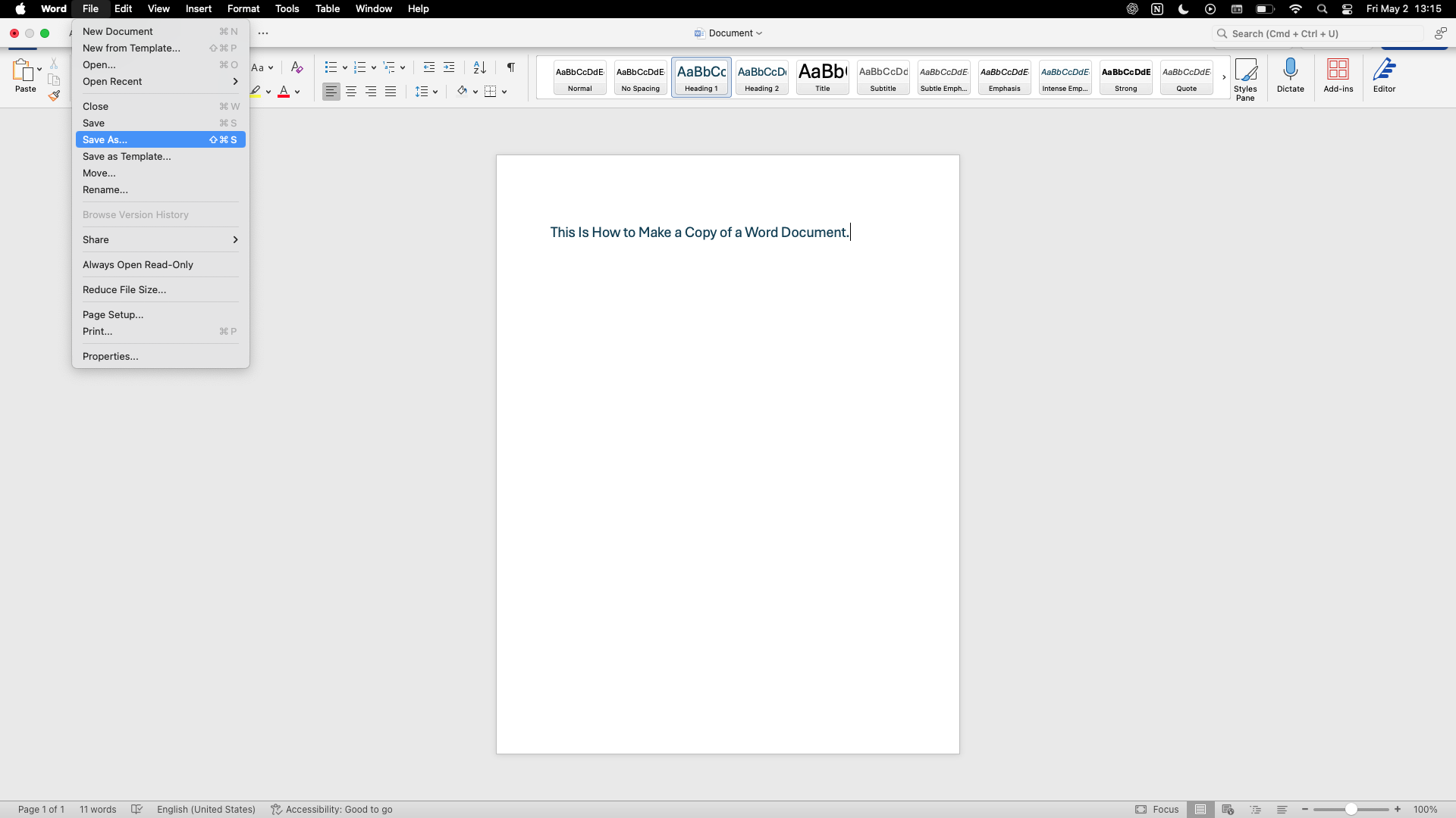 Save As option in Microsoft Word for Mac Save As option in Microsoft Word for Mac